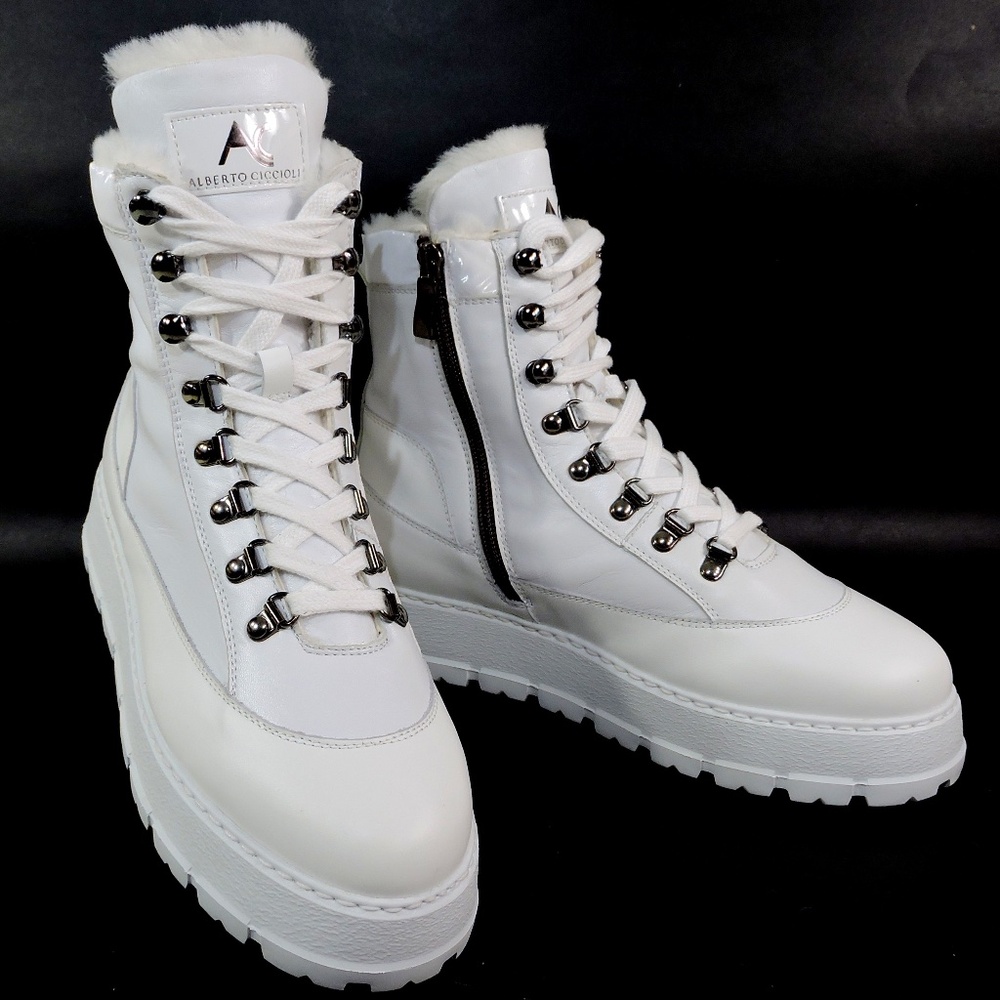 ALBERTO CICCIOLI 🇮🇹 WOMEN'S WHITE LEATHER COMFORT FLAT WINTER ANKLE BOOTIE